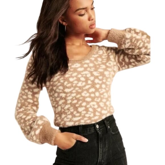 Abercrombie & Fitch Soft AF Eyelash Sweater Cheetah Print Tan White Medium - Picture 3 of 7